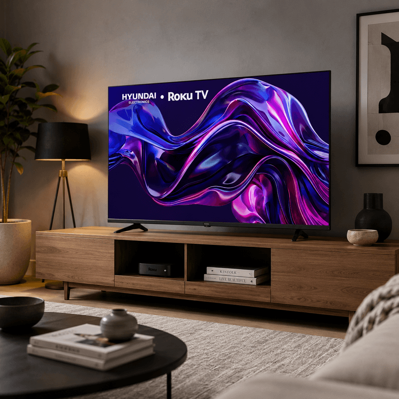 Smart TV Hyundai 55 4K UHD Roku TV LED frontal oblicuo ambientado