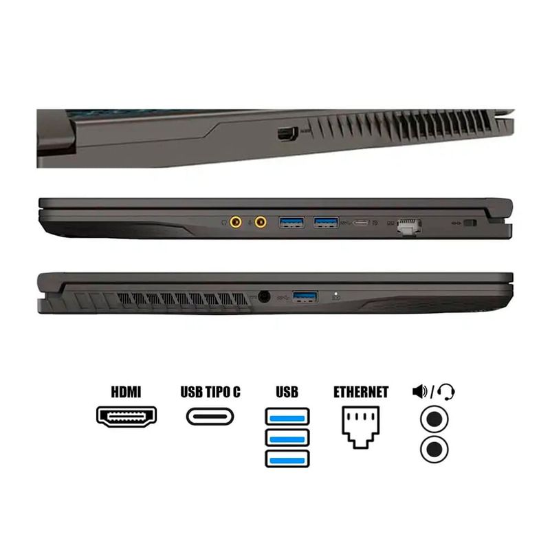 Laptop gamer MSI Thin A15 Ryzen 7 RTX 4050 144 Hz lateral puertos