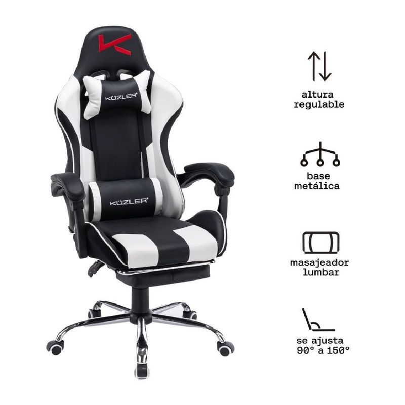 Silla gamer Kuzler RIK-101B reclinable blanca y negra frontal oblicuo