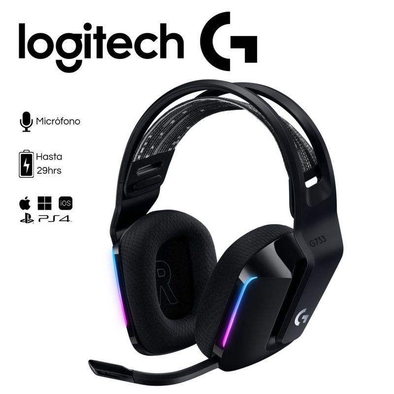 Audífonos gamer Logitech G733 Lightspeed negros frontal oblicuo