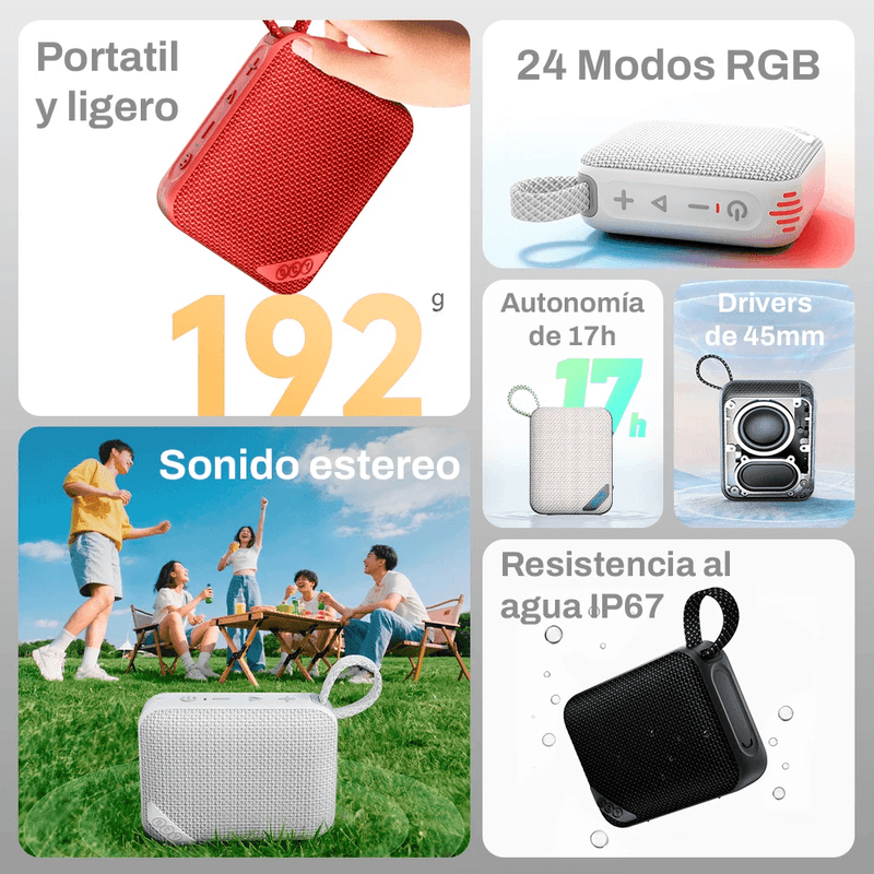 Parlante QCY SP2 5W Bluetooth 5.3 IP67 hasta 17 h rojo características