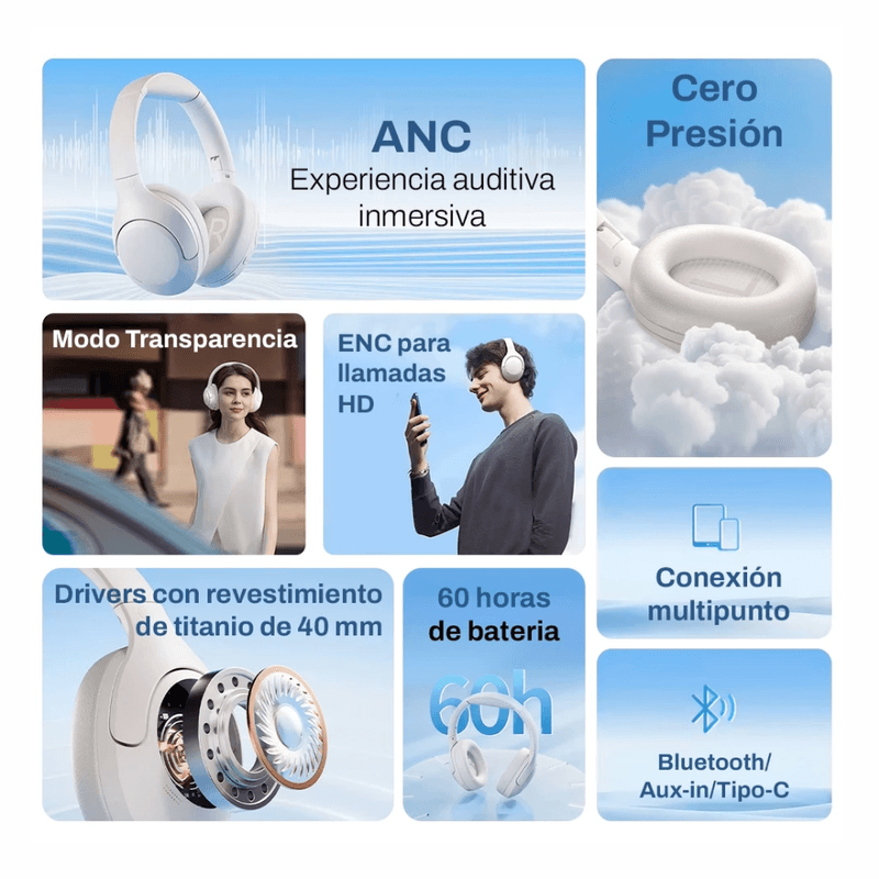 Audífonos QCY H3 Lite ANC Bluetooth 5.3 60 h blanco características