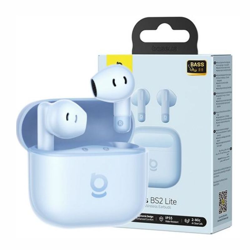 Audífonos Baseus Bass BS2 Lite Bluetooth 6.0 IP55 celeste contenido de caja