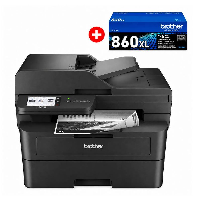 Impresora multifuncional Brother MFC-L2880DW láser monocromática, inalámbrica frontal