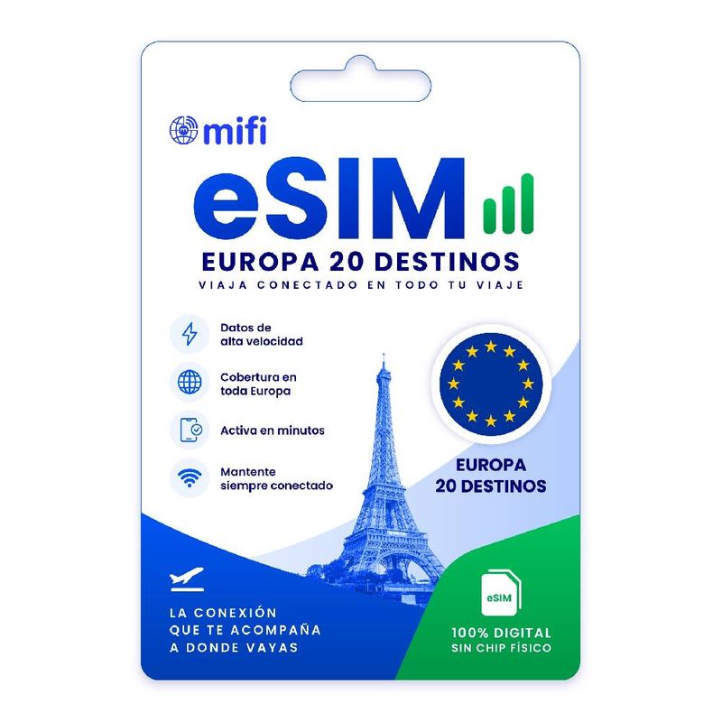 eSIM MIFI Europa 20 países con 30 GB por 30 días frontal