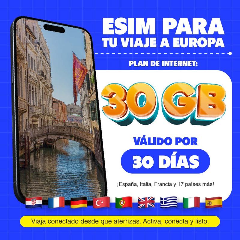 eSIM MIFI Europa 20 países con 30 GB por 30 días datos