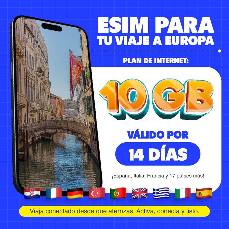 eSIM MIFI Europa 20 países con 10 GB por 14 días garantía