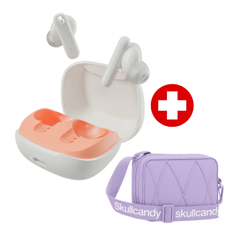 Audífonos Skullcandy Smokin Buds blanco y sidbag morral lila frontal