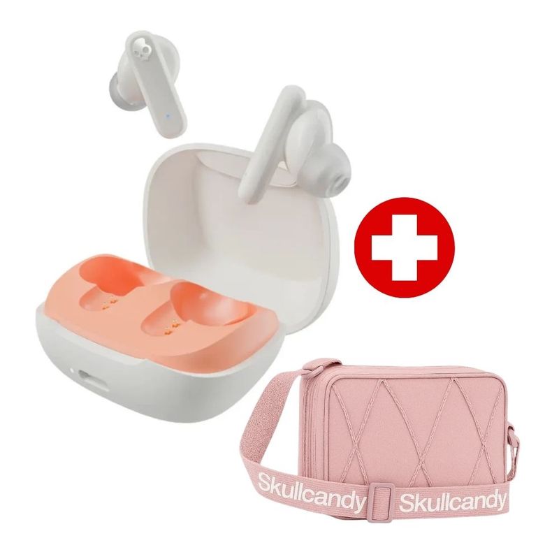 Audífonos Skullcandy Smokin Buds blanco y sidbag morral rosa frontal