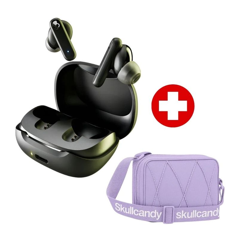 Audífonos Skullcandy Smokin Buds negro y sidbag morral lila frontal