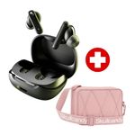 Audífonos Skullcandy Smokin Buds negro y sidbag morral rosa frontal