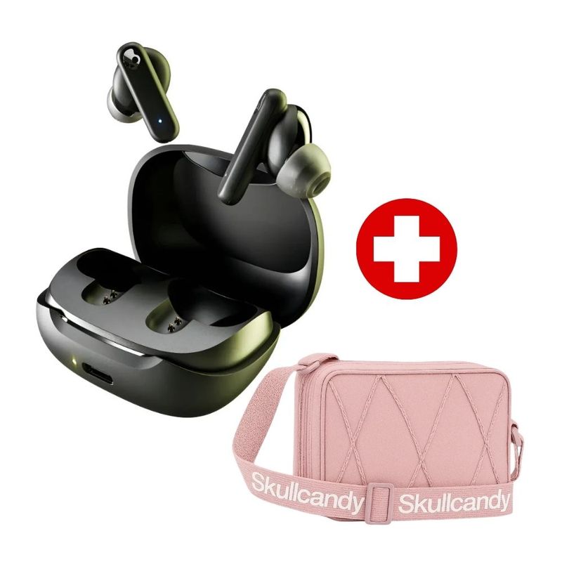 Audífonos Skullcandy Smokin Buds negro y sidbag morral rosa frontal