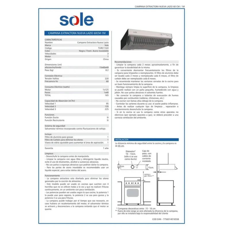 Campana extractora Sole TURE11GO de 60 cm diagonal características