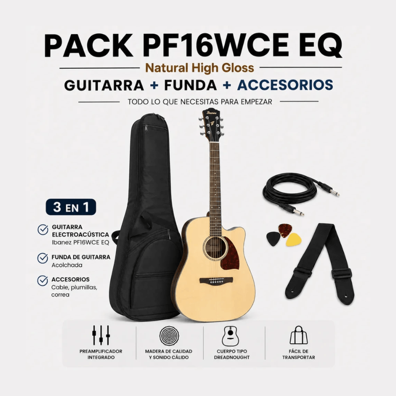 Guitarra electroacústica Ibanez PF16WCE natural high gloss pack