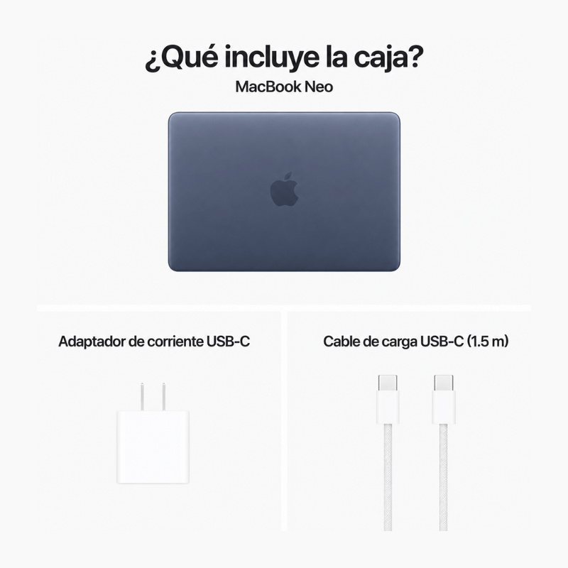 MacBook Neo 13" A18 Pro 512GB SSD 8GB RAM indigo contenido de caja