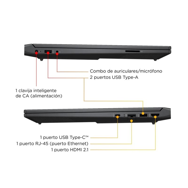 Laptop HP FB3019LA Ryzen 7 RTX 3050 512 SSD negro puertos