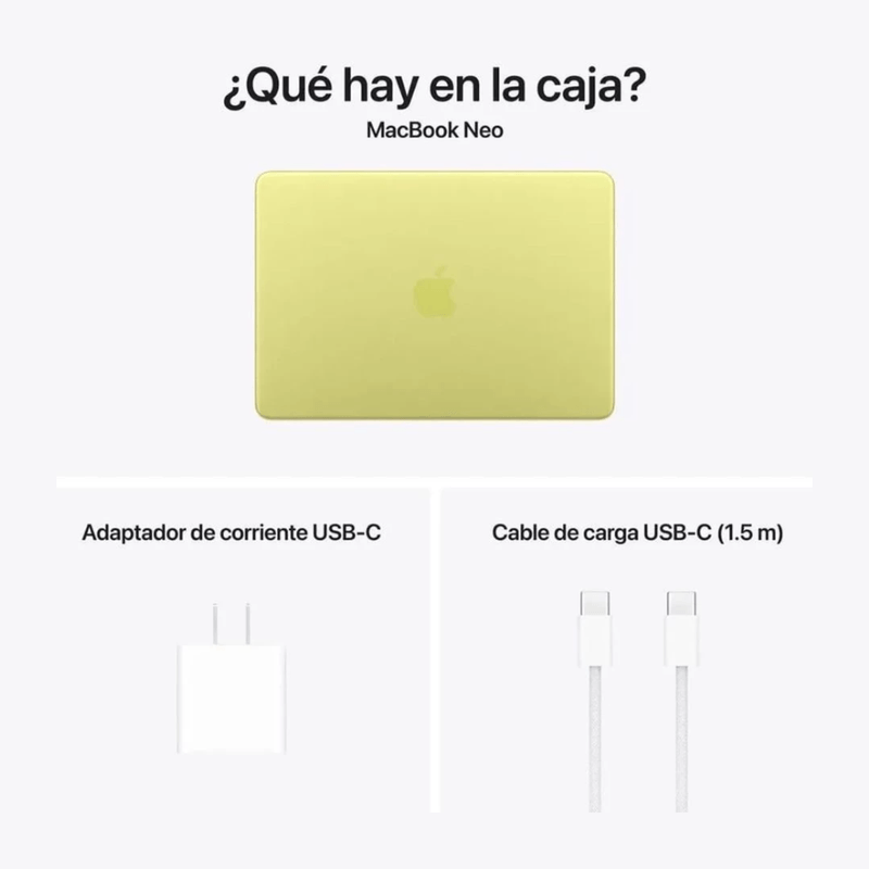 MacBook Neo 13" A18 Pro 512GB SSD 8GB teclado inglés citrus contenido de caja