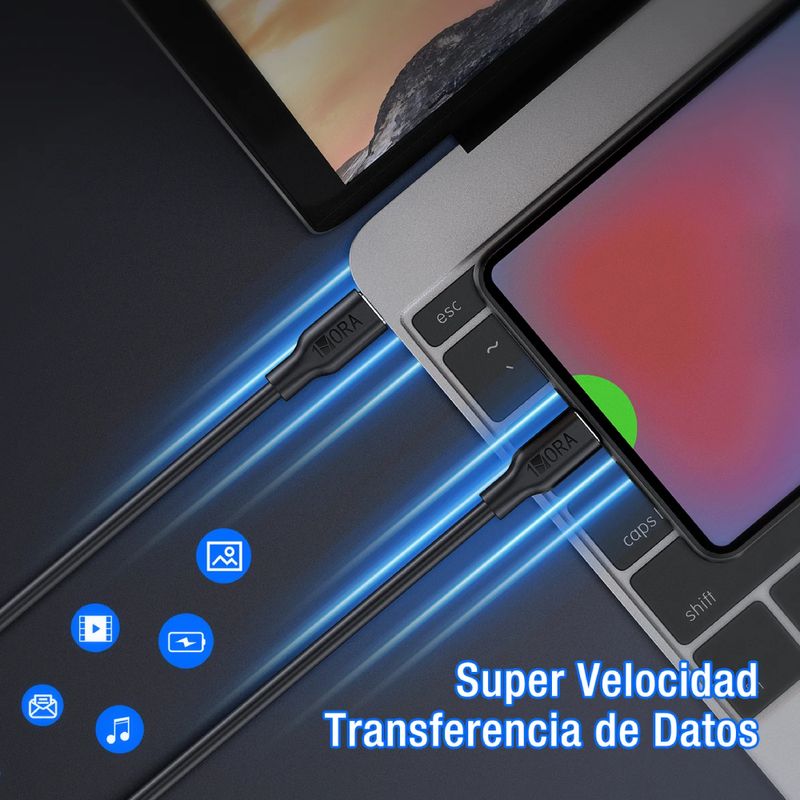 Cable 1Hora USB Tipo-C a USB Tipo-C, 1 m, 60 W, conexión