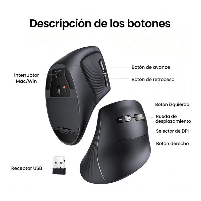 Mouse vertical Ugreen bluetooth y receptor USB 4000 DPI negro botones