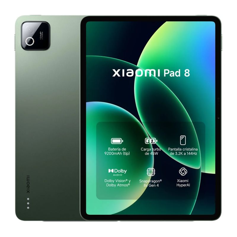 Tablet Xiaomi Pad 8 11.2" 256GB 8GB RAM verde frontal y dorsal