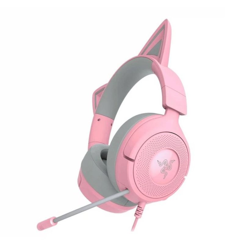 Audífonos Razer Kraken Kitty V3 X rosa con cable frontal oblicuo