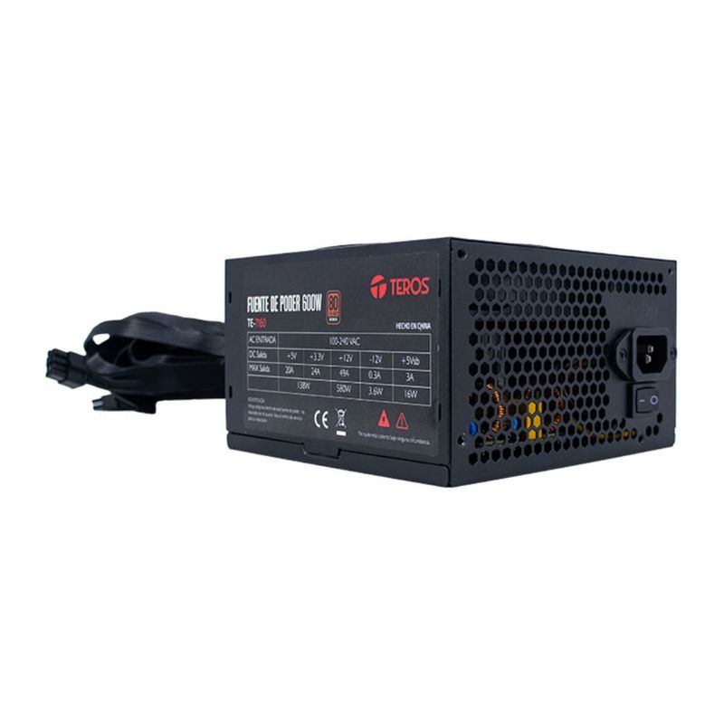 Fuente Poder Teros TE-7160 600W 80 Plus Bronze negro frontal oblicuo