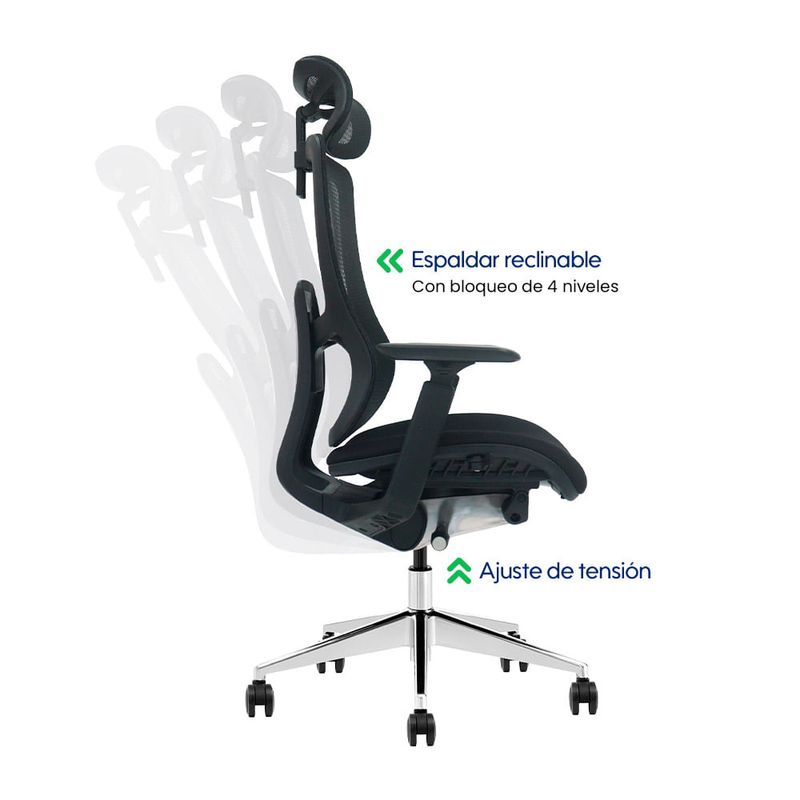 Silla Evox Ultimate C24 ergonómica reclinable, negra frontal lateral