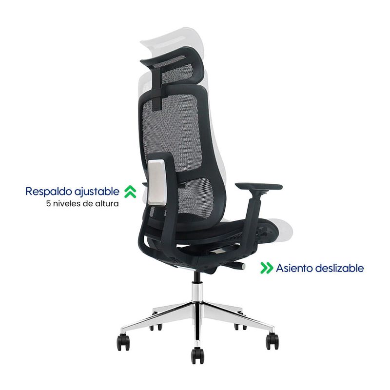 Silla Evox Ultimate C24 ergonómica reclinable, negra diagonal medidas