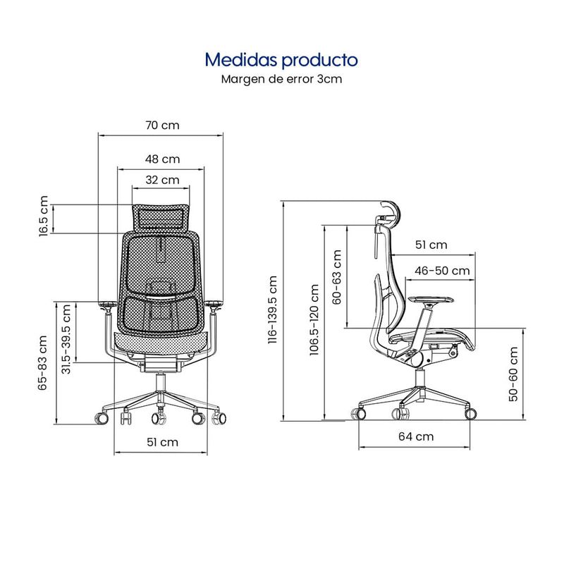 Silla Evox Ultimate C24 ergonómica reclinable, negra medidas