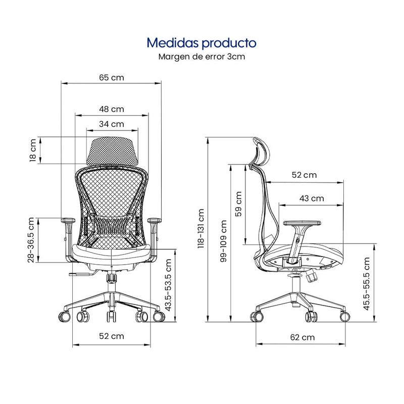 Silla Evox Ultimate C1 reclinable 150 kg, azul medidas
