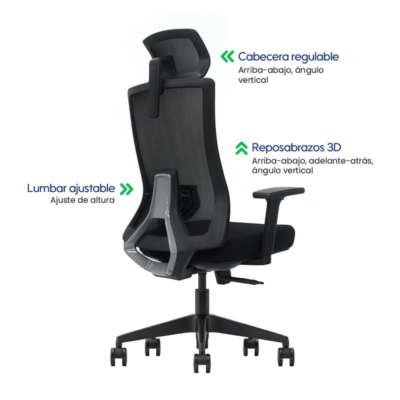 Silla Evox Ultimate C16 reclinable 150 kg, negra dorsal oblicuo