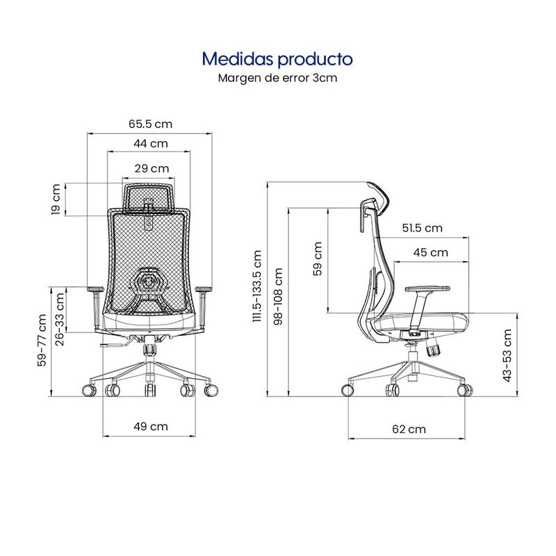 Silla Evox Ultimate C16 reclinable 150 kg, negra medidas