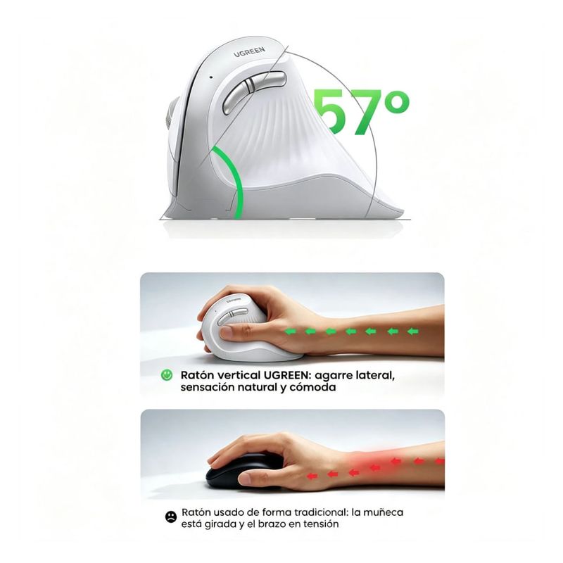 Mouse Vertical Ugreen 45759 4000 DPI Blanco ángulo