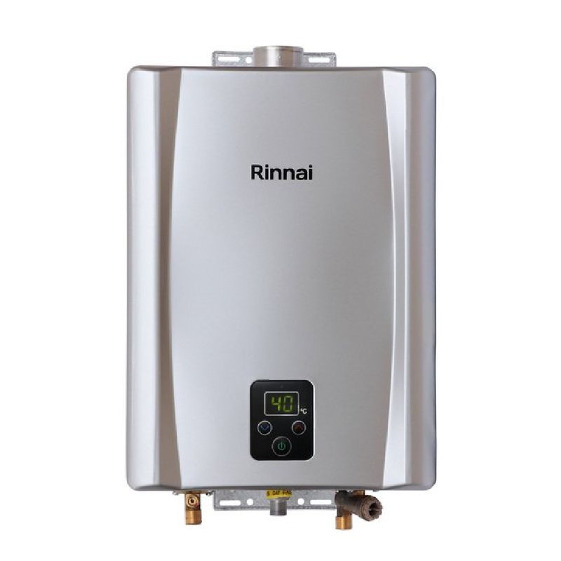 Calentador a gas natural Rinnai 17 L/min, digital, plateado frontal