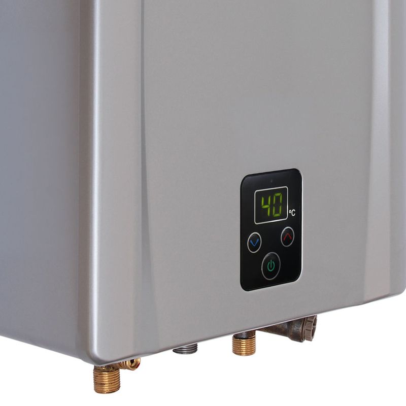 Calentador a gas natural Rinnai 17 L/min, digital, plateado oblicuo