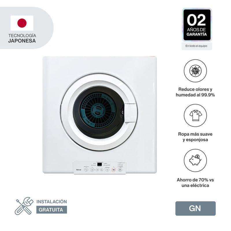 Secadora Rinnai a gas natural 10 kg, panel digital, blanco características