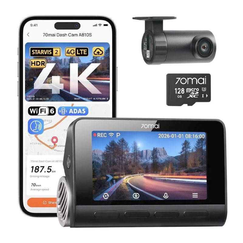 Cámara 70mai A810S para autos 4K Wi-Fi 6 128 GB negro enlace app