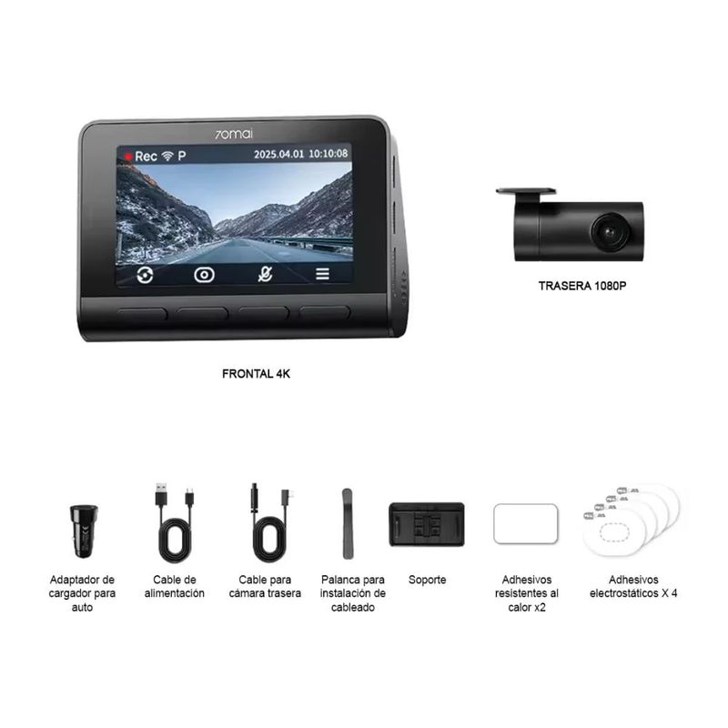 Cámara 70mai A810S para autos 4K Wi-Fi 6 128 GB negro accesorios