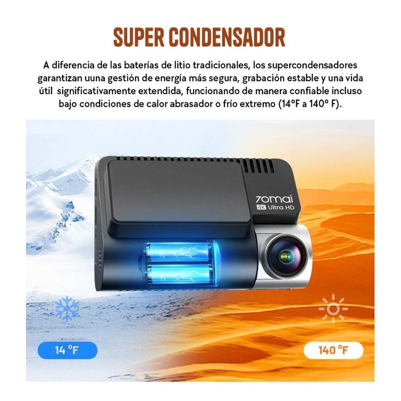 Cámara 70mai A810S para autos 4K Wi-Fi 6 128 GB negro super condensador