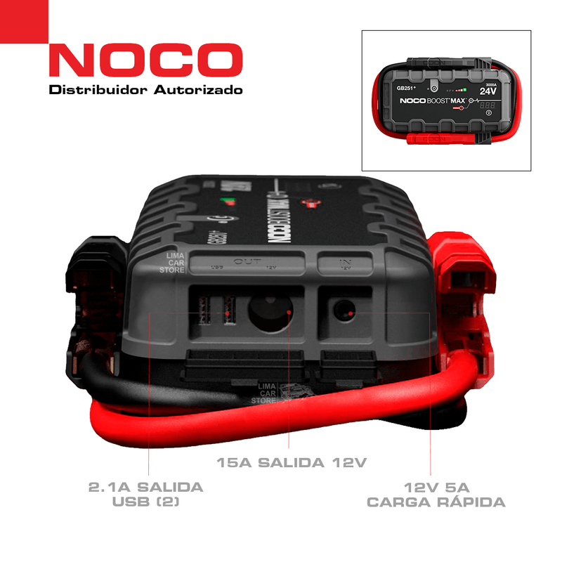 Arrancador Noco GB251+ 24 V 3000 A, powerbank y LED 600 lm frontal equipo