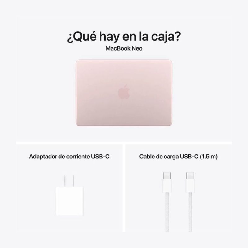 Laptop Apple MacBook Neo 13" A18 Pro 256 GB SSD blush pink contenido de caja