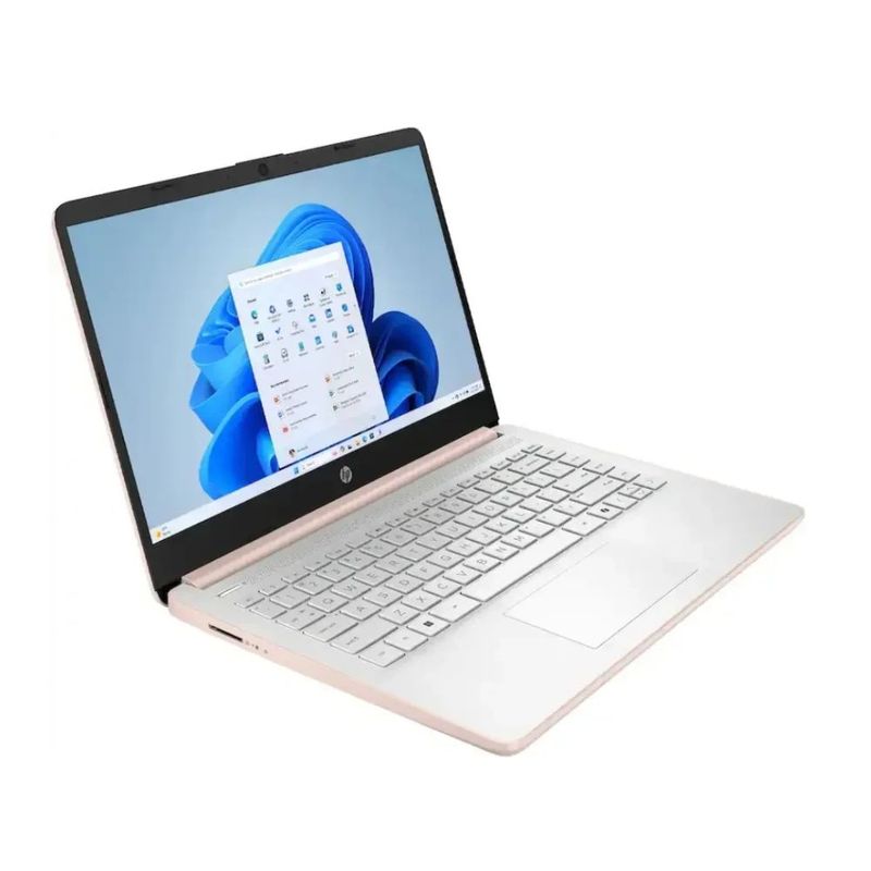 Laptop HP 14-dq6105dx Intel N150 128 GB UFS rosa frontal oblicuo derecha