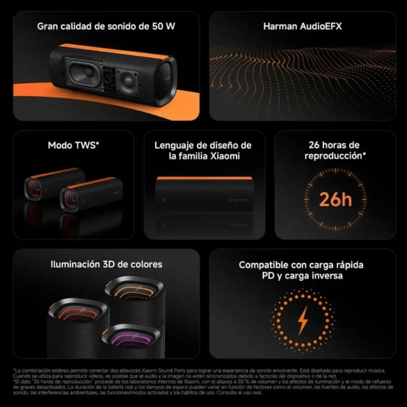 Parlante Bluetooth Xiaomi Sound Party 50 W IP67 26 h negro especificaciones