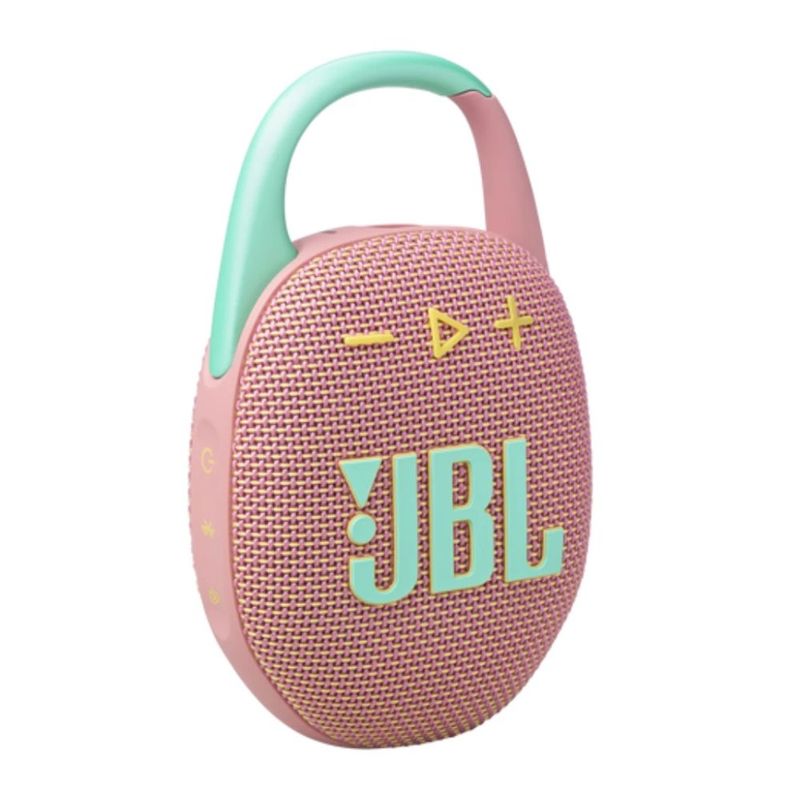 Parlante Bluetooth JBL Clip 5 7 W IP67 15 h rosado frontal oblicuo
