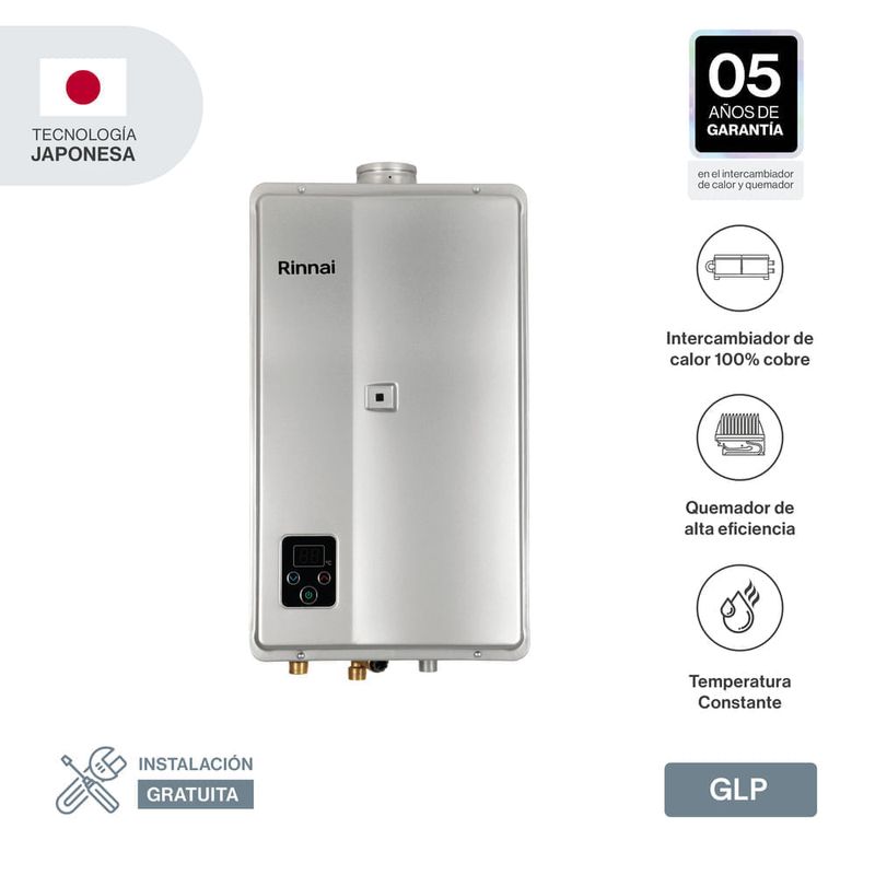 Calentador Rinnai GLP 23 litros para 5 puntos plateado características