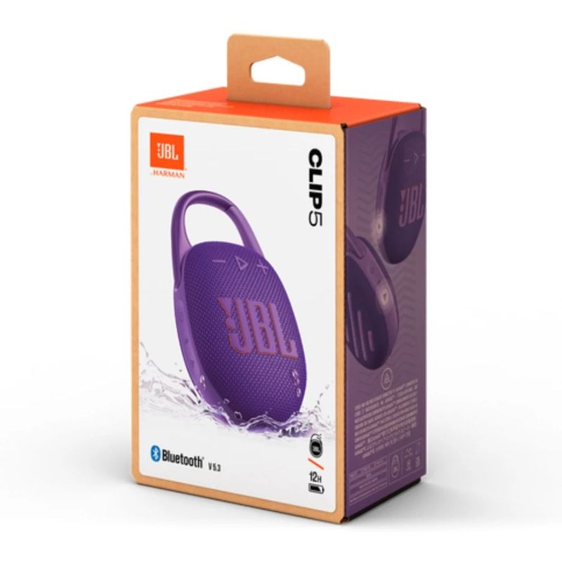 Parlante JBL Clip 5 Bluetooth 5.3 7 W RMS IP67 morado caja