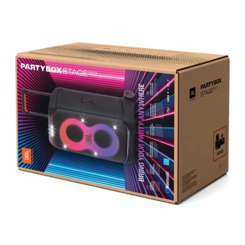 Parlante de torre JBL PartyBox Stage 320 Bluetooth 5.4 IPX4 caja