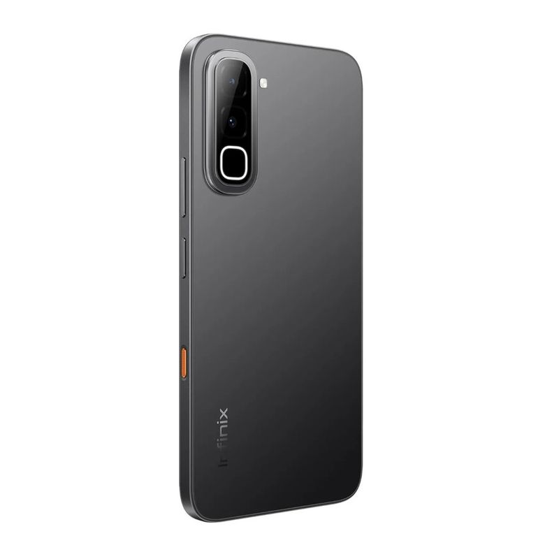 Celular Infinix Hot 70 4G, 128 GB, 4 GB RAM, color negro dorsal oblicuo