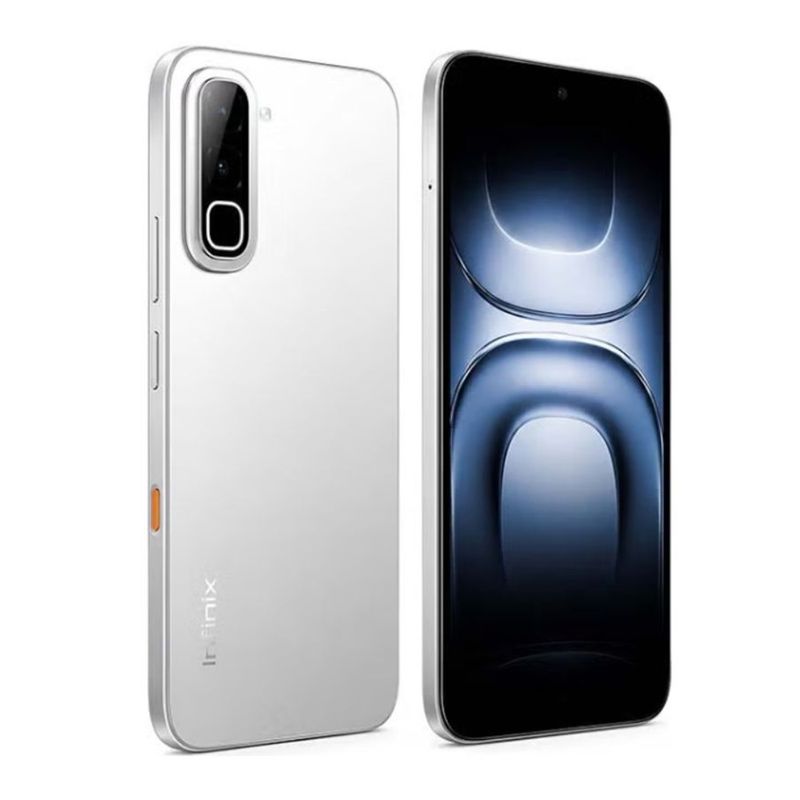 Celular Infinix Hot 70 4G, 128 GB, 4 GB RAM, en plateado frontal oblicuo