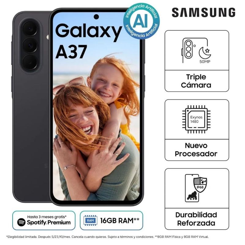 Celular Samsung Galaxy A37 5G, 256 GB y 8 GB de RAM, gris características
